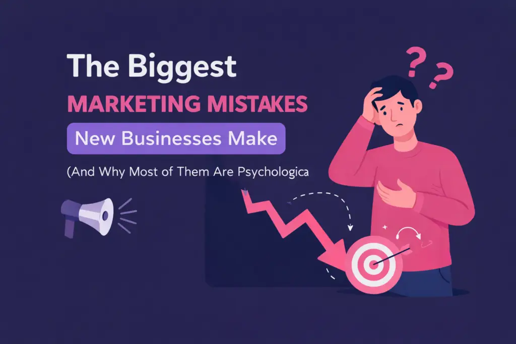 Biggest marketing mistakes new businesses make illustration showing digital marketing strategy errors and business growth challenges