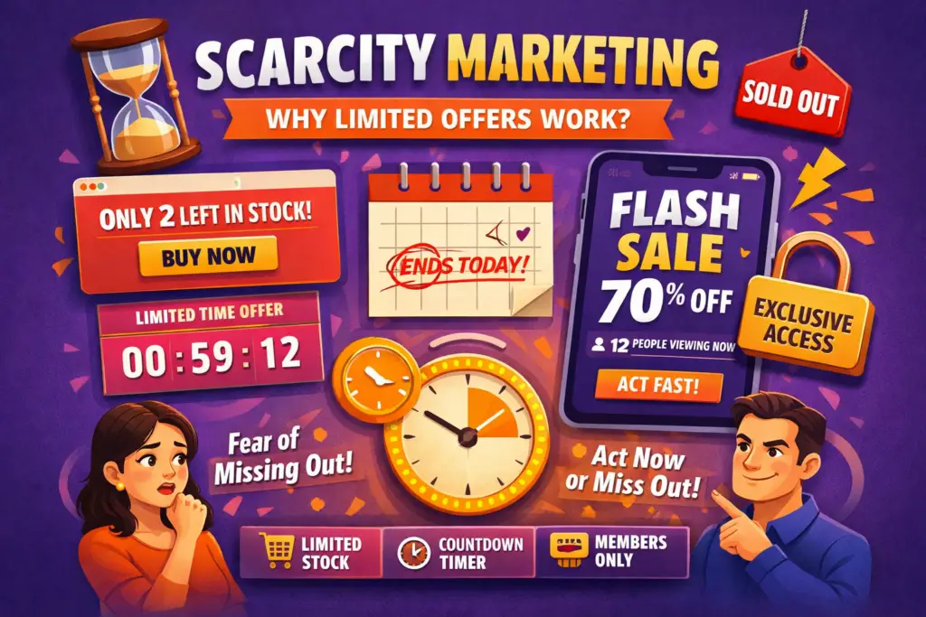 Scarcity marketing concept showing limited time offers, countdown timer, and urgency in digital marketing