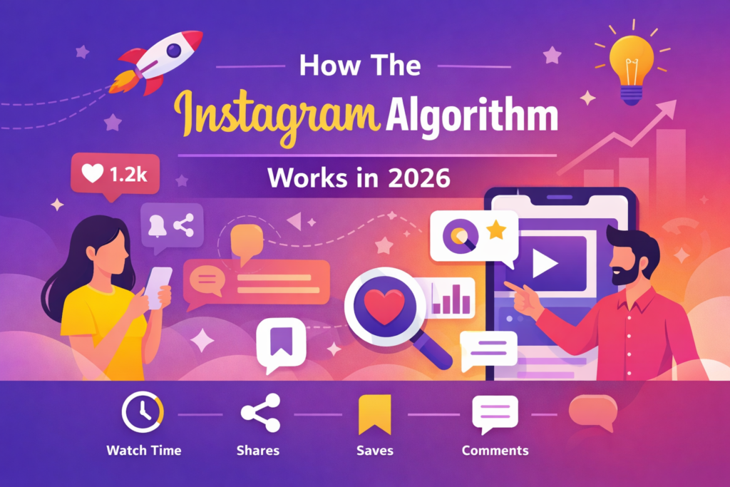 Illustration explaining how the Instagram algorithm works in 2026 showing engagement factors like watch time, shares, saves, and comments for digital marketing growth