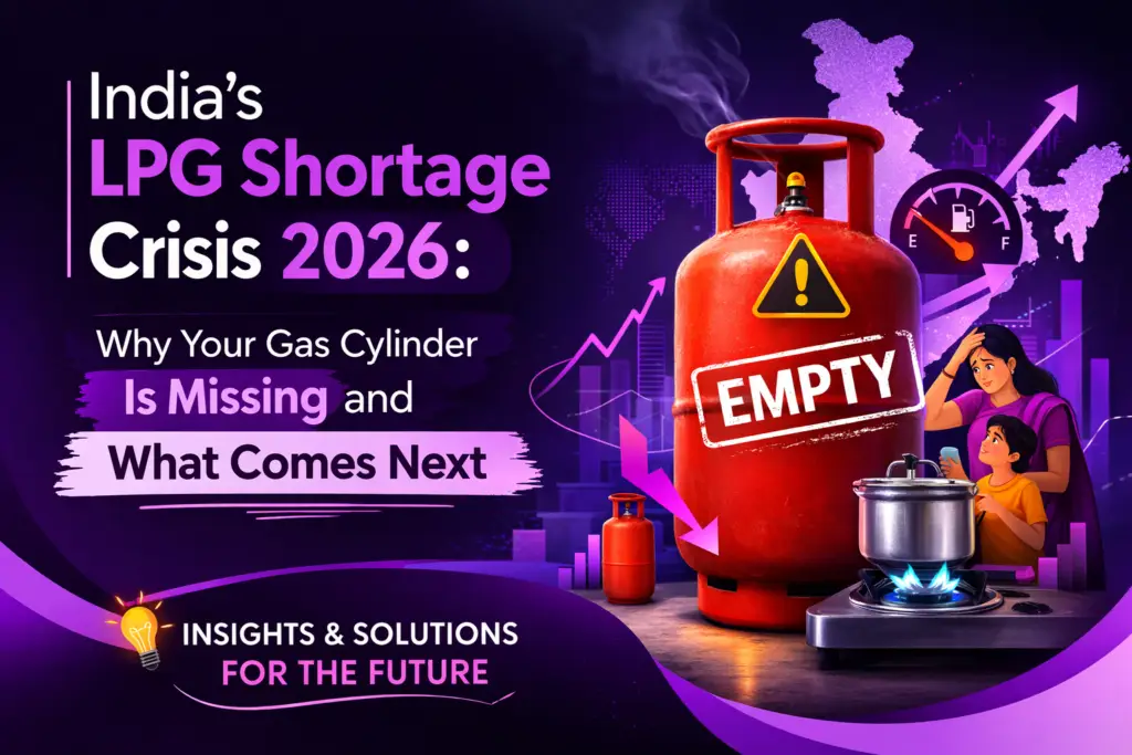 India LPG shortage crisis 2026 showing empty gas cylinder, rising prices, and impact on Indian households during cooking gas supply shortage