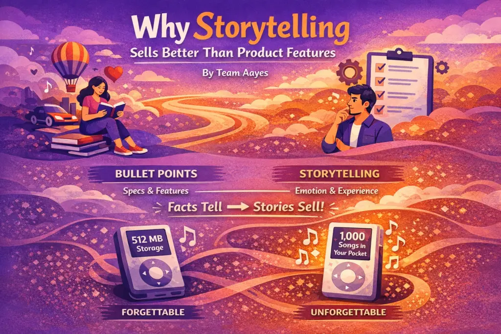 Illustration showing how storytelling in marketing creates stronger emotional connections than listing product features.