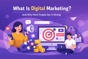 Digital marketing concept illustration with purple background showing strategy, social media, ads, and online growth