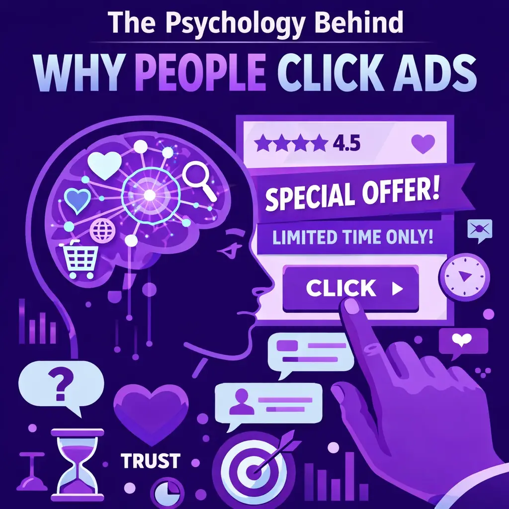 Illustration showing the psychology behind why people click online ads, including marketing triggers like urgency, trust, and social proof.