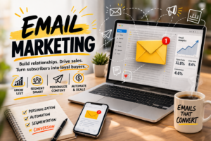 Email marketing strategy illustration showing laptop, analytics dashboard, and automation concepts